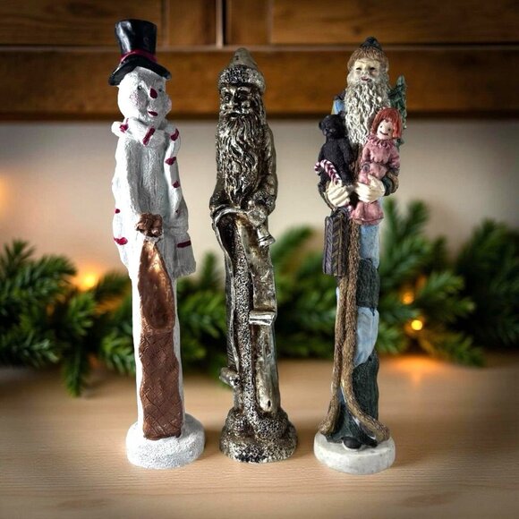 Set of 3 Tall Rustic Pencil Christmas Figures – 11” Folk Art Santas  Snowman - Picture 1 of 7